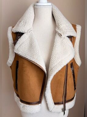 Mark Edwards Studio Faux Suede Shearling-Look Moto Vest Brown Size Medium NWT